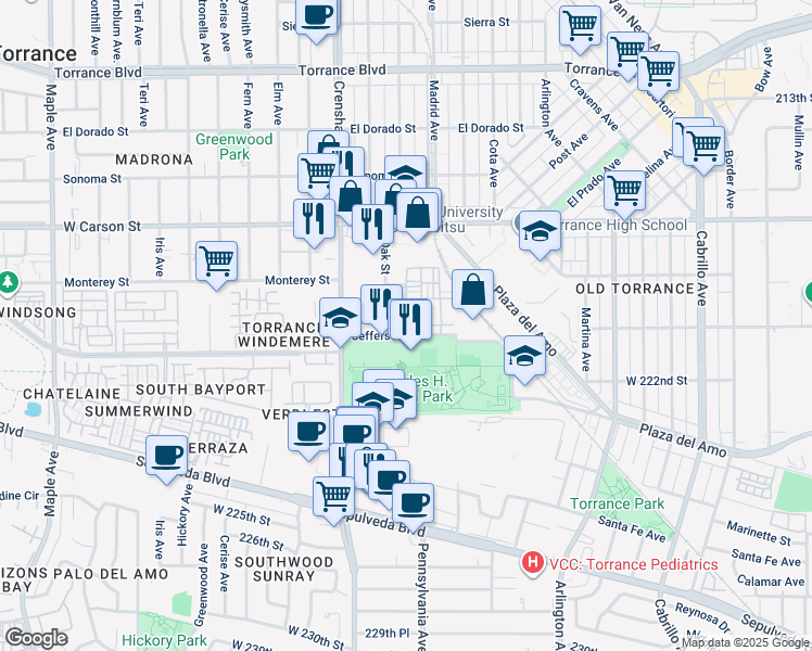 map of restaurants, bars, coffee shops, grocery stores, and more near 2349 Jefferson Street in Torrance