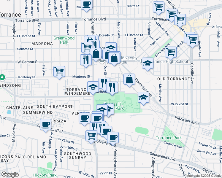 map of restaurants, bars, coffee shops, grocery stores, and more near 2349 Jefferson Street in Torrance