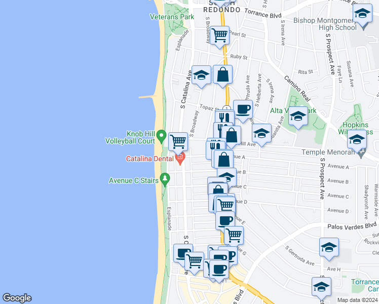 map of restaurants, bars, coffee shops, grocery stores, and more near 816 South Catalina Avenue in Redondo Beach
