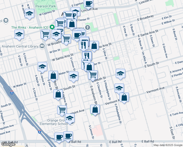 map of restaurants, bars, coffee shops, grocery stores, and more near 631 S Claudina St in Anaheim