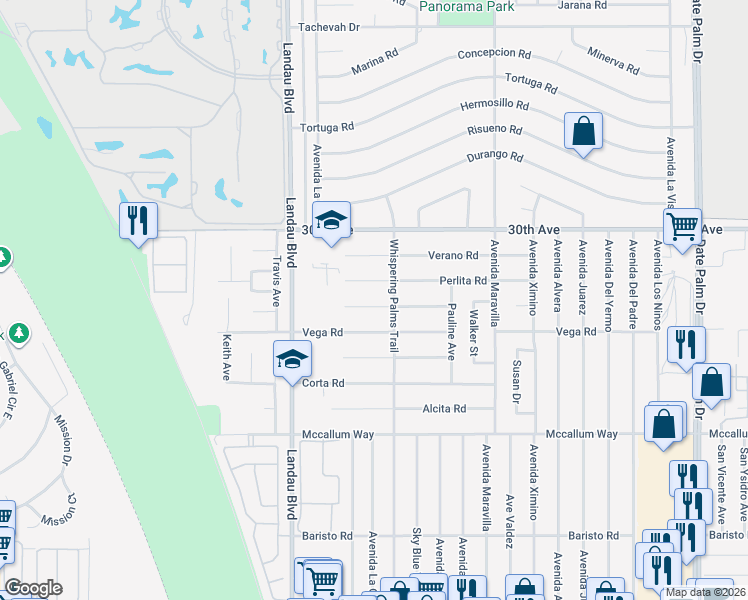 map of restaurants, bars, coffee shops, grocery stores, and more near 68190 Modalo Road in Cathedral City