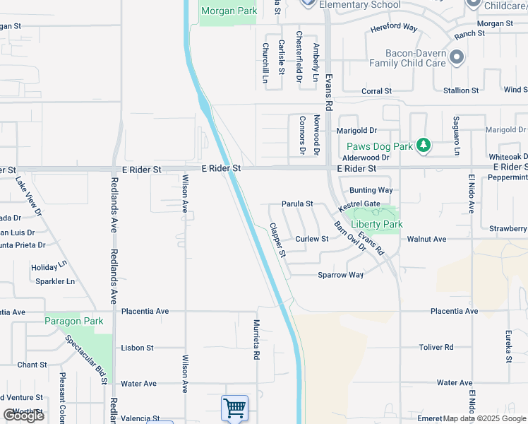 map of restaurants, bars, coffee shops, grocery stores, and more near 3132 Clapper Street in Perris