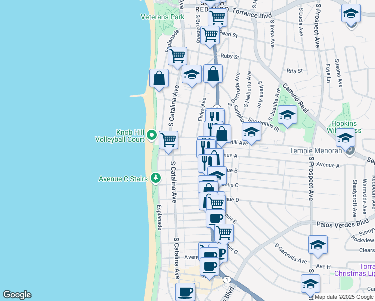 map of restaurants, bars, coffee shops, grocery stores, and more near 211 Avenue A in Redondo Beach