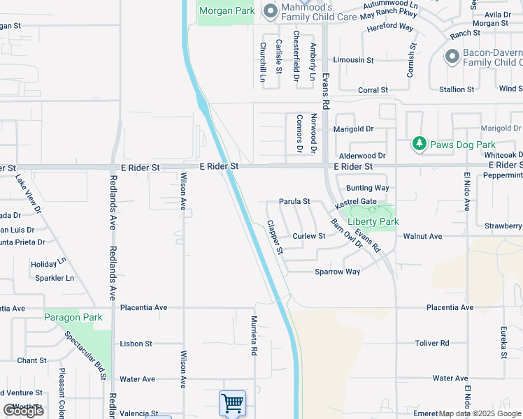 map of restaurants, bars, coffee shops, grocery stores, and more near 3132 Clapper Street in Perris