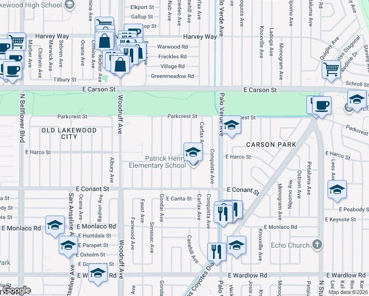 map of restaurants, bars, coffee shops, grocery stores, and more near 3816 Snowden Avenue in Long Beach