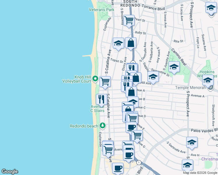 map of restaurants, bars, coffee shops, grocery stores, and more near 813 South Catalina Avenue in Redondo Beach