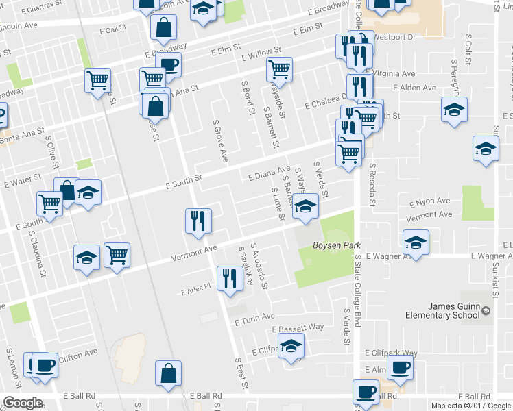 map of restaurants, bars, coffee shops, grocery stores, and more near 1285 East Florida Place in Anaheim