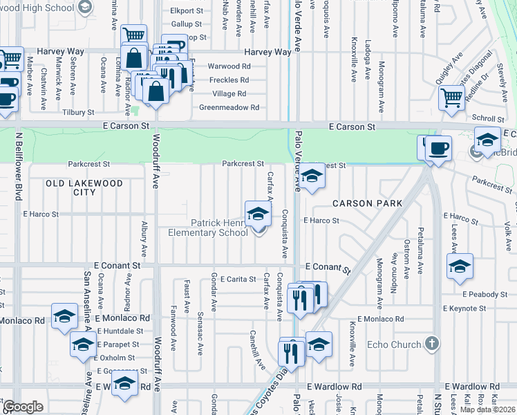 map of restaurants, bars, coffee shops, grocery stores, and more near 3812 Canehill Avenue in Long Beach