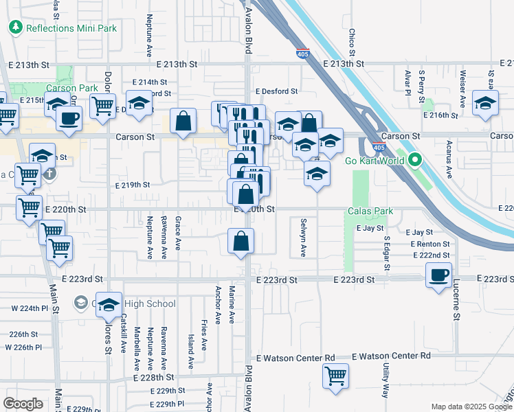map of restaurants, bars, coffee shops, grocery stores, and more near 21950 South Avalon Boulevard in Carson
