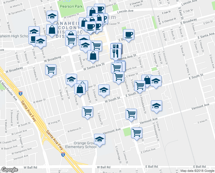 map of restaurants, bars, coffee shops, grocery stores, and more near 612 South Lemon Street in Anaheim