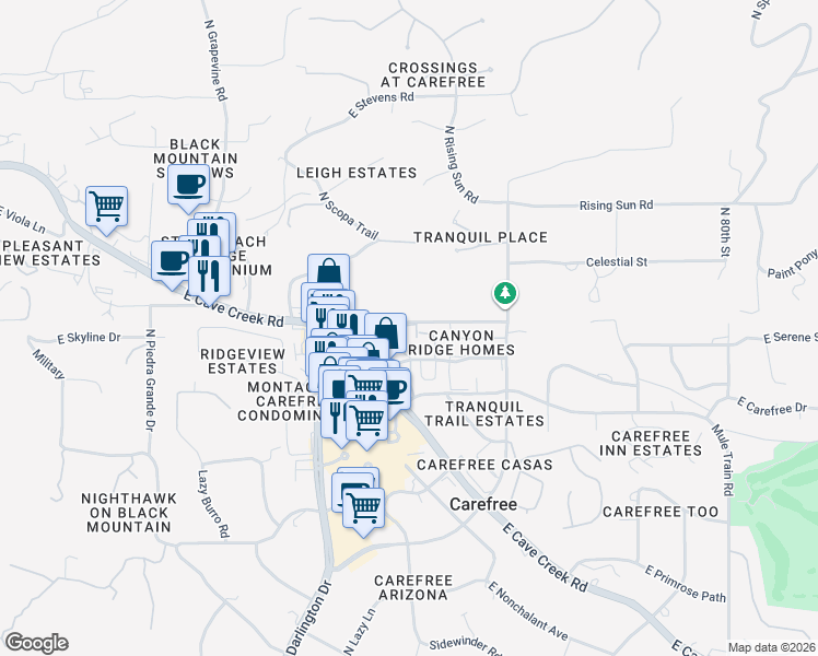 map of restaurants, bars, coffee shops, grocery stores, and more near 7435 East Sundance Trail in Cave Creek