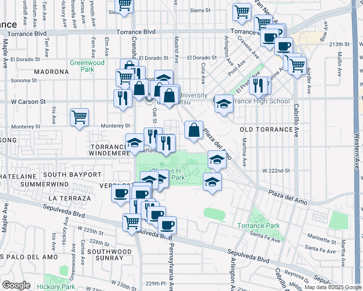 map of restaurants, bars, coffee shops, grocery stores, and more near 2303 Jefferson Street in Torrance