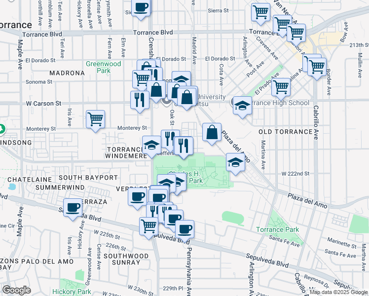 map of restaurants, bars, coffee shops, grocery stores, and more near in Torrance