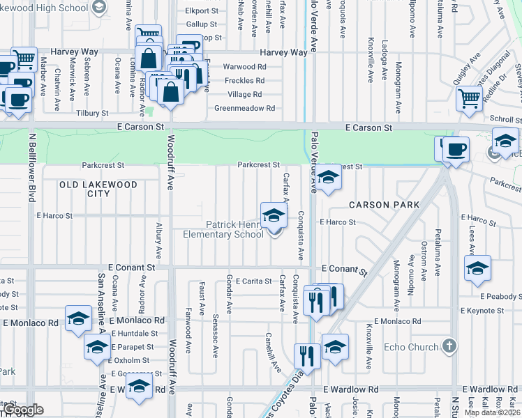 map of restaurants, bars, coffee shops, grocery stores, and more near 3816 Snowden Avenue in Long Beach