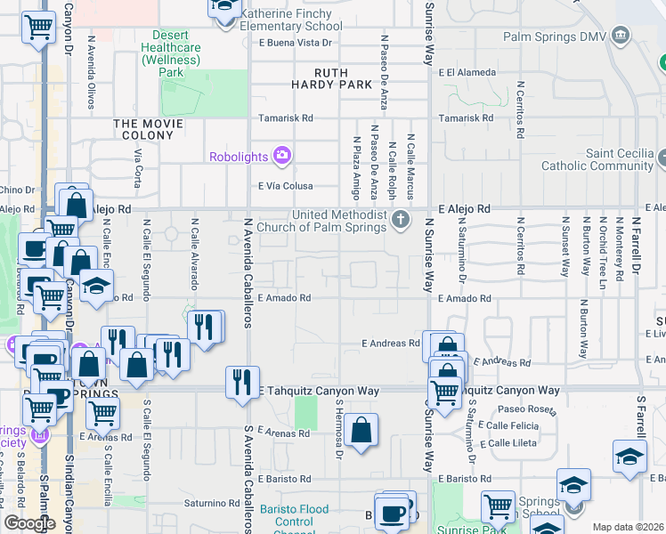 map of restaurants, bars, coffee shops, grocery stores, and more near 1500 East Amado Road in Palm Springs