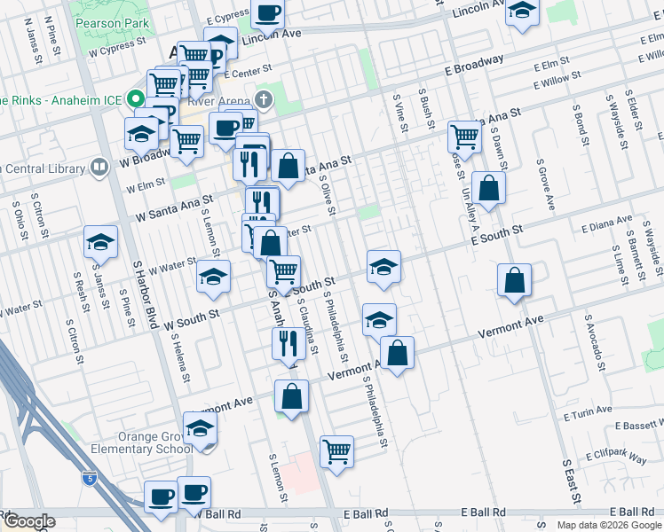map of restaurants, bars, coffee shops, grocery stores, and more near in Anaheim