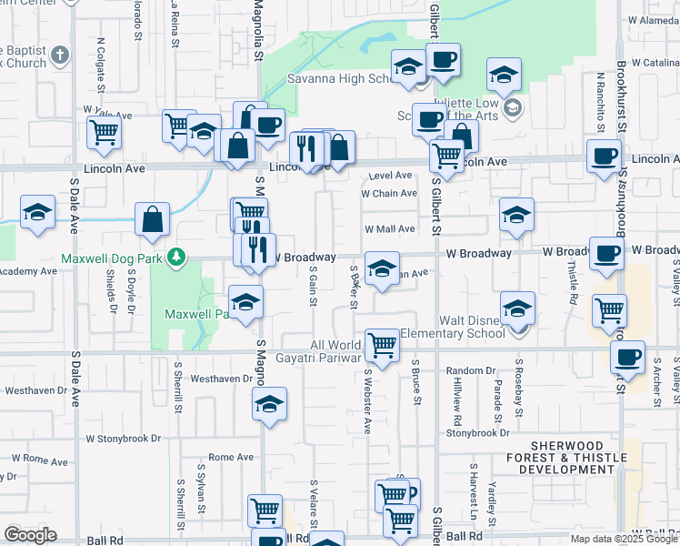 map of restaurants, bars, coffee shops, grocery stores, and more near 316 South Beachy Place in Anaheim
