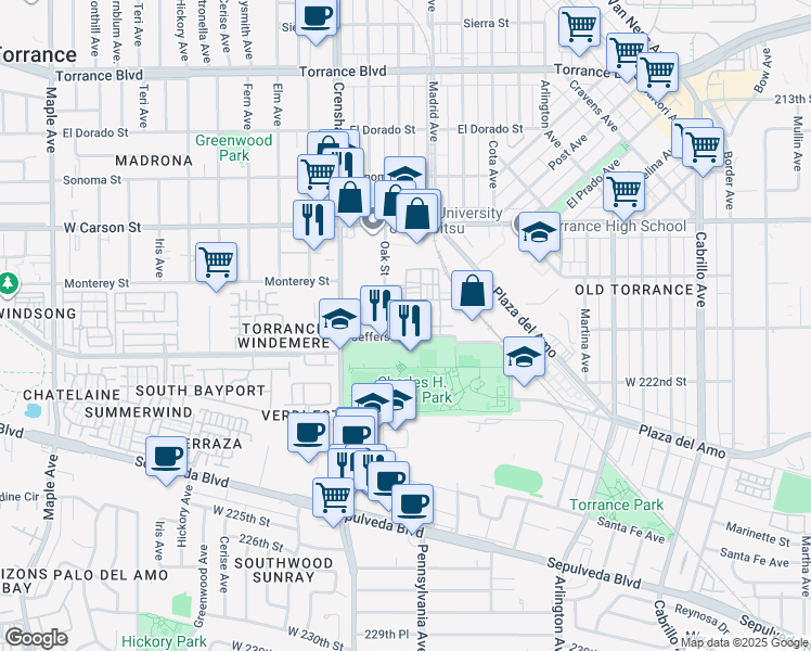 map of restaurants, bars, coffee shops, grocery stores, and more near 2349 Jefferson Street in Torrance