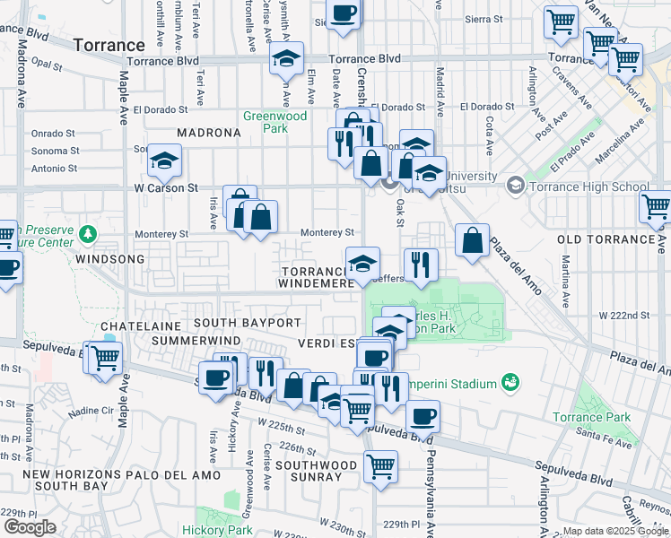 map of restaurants, bars, coffee shops, grocery stores, and more near 2555 Plaza del Amo in Torrance