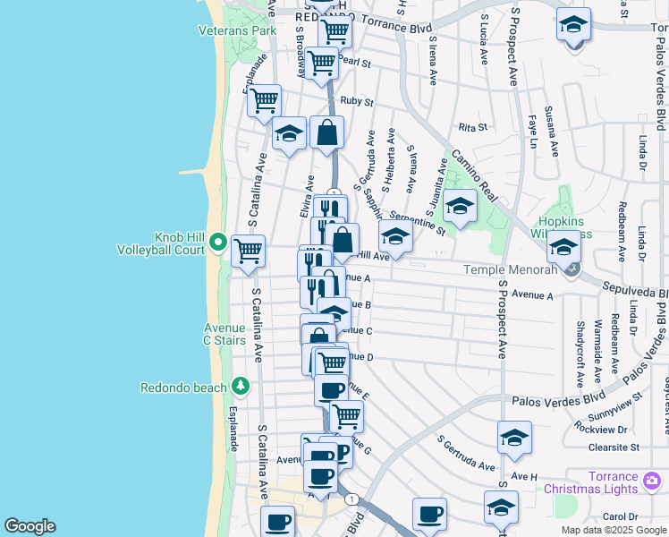 map of restaurants, bars, coffee shops, grocery stores, and more near 531 Avenue A in Redondo Beach