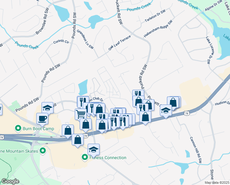 map of restaurants, bars, coffee shops, grocery stores, and more near 5141 Stone Mountain Highway in Stone Mountain