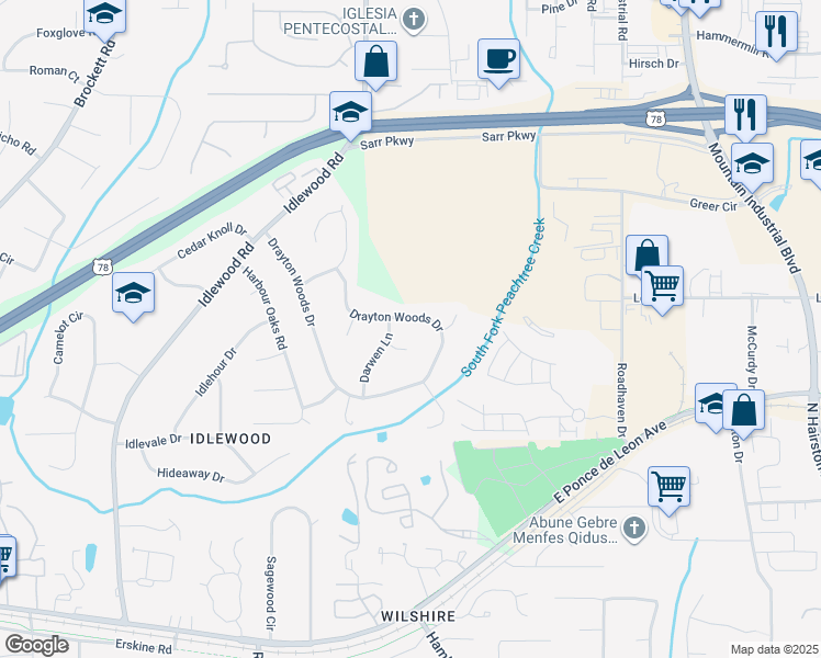 map of restaurants, bars, coffee shops, grocery stores, and more near 1353 Drayton Woods Drive in Tucker
