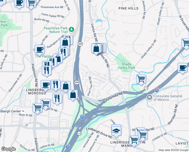 map of restaurants, bars, coffee shops, grocery stores, and more near 942 Canterbury Road Northeast in Atlanta