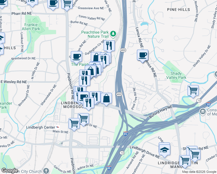 map of restaurants, bars, coffee shops, grocery stores, and more near 1200 Summit North Drive Northeast in Atlanta