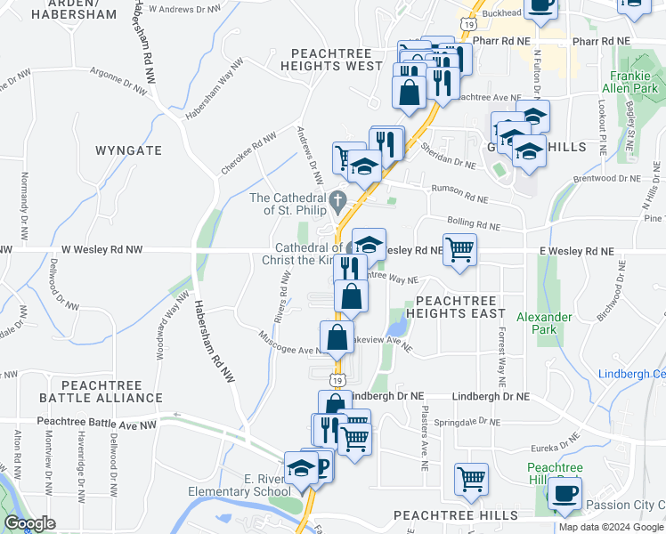map of restaurants, bars, coffee shops, grocery stores, and more near 2699 Peachtree Way Northeast in Atlanta