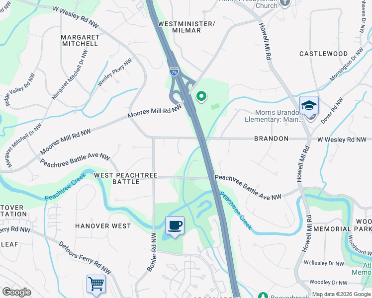 map of restaurants, bars, coffee shops, grocery stores, and more near 1172 West Wesley Road Northwest in Atlanta