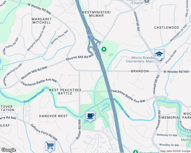 map of restaurants, bars, coffee shops, grocery stores, and more near 1172 West Wesley Road Northwest in Atlanta
