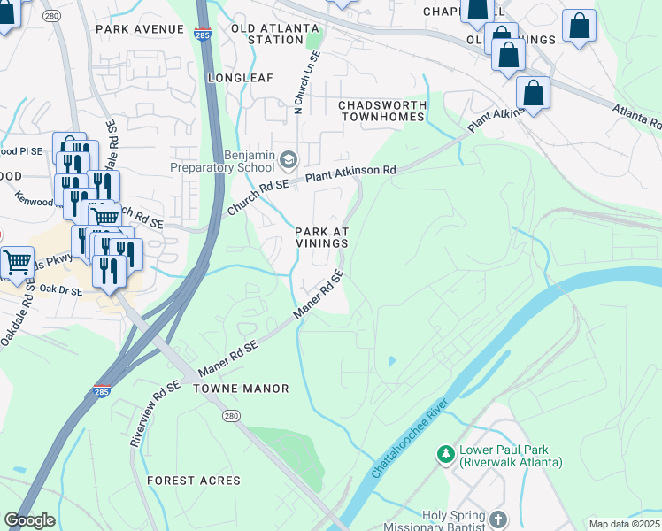 map of restaurants, bars, coffee shops, grocery stores, and more near 2552 Alvecot Circle Southeast in Atlanta