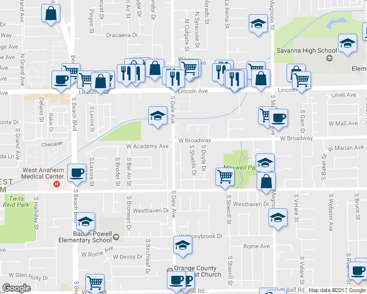 map of restaurants, bars, coffee shops, grocery stores, and more near 312 South Vicki Lane in Anaheim