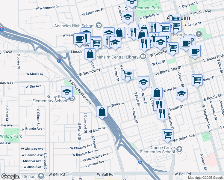 map of restaurants, bars, coffee shops, grocery stores, and more near 511 South Indiana Street in Anaheim