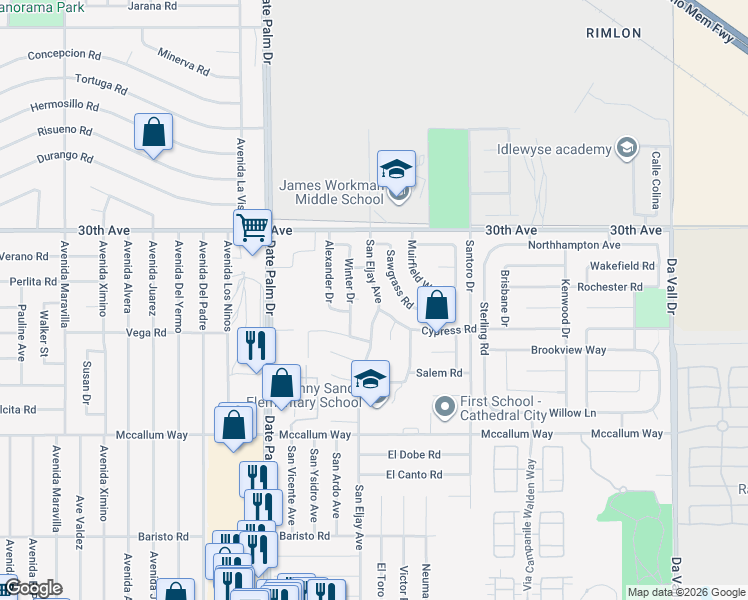 map of restaurants, bars, coffee shops, grocery stores, and more near 30271 San Eljay Avenue in Cathedral City