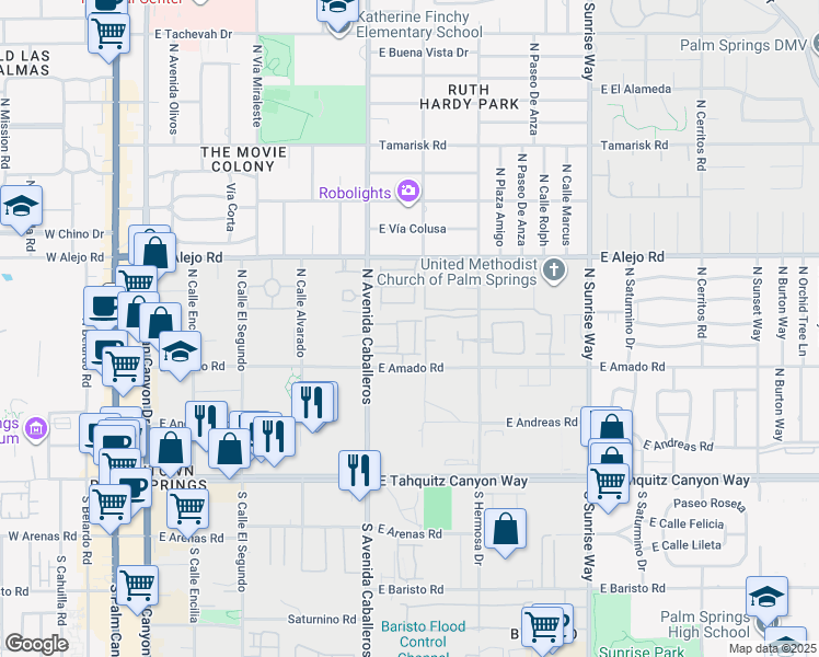 map of restaurants, bars, coffee shops, grocery stores, and more near 425 Suave Lane in Palm Springs