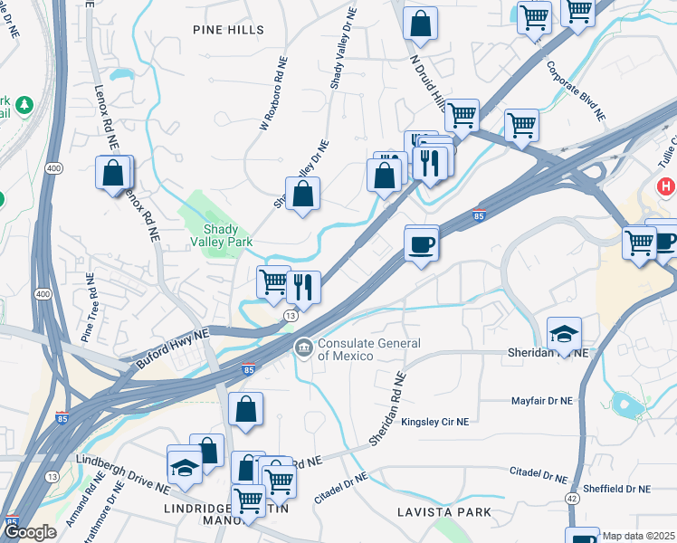 map of restaurants, bars, coffee shops, grocery stores, and more near 2719 Dunex Hill Lane Northeast in Atlanta