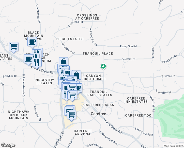 map of restaurants, bars, coffee shops, grocery stores, and more near 7450 East Sundance Trail in Cave Creek