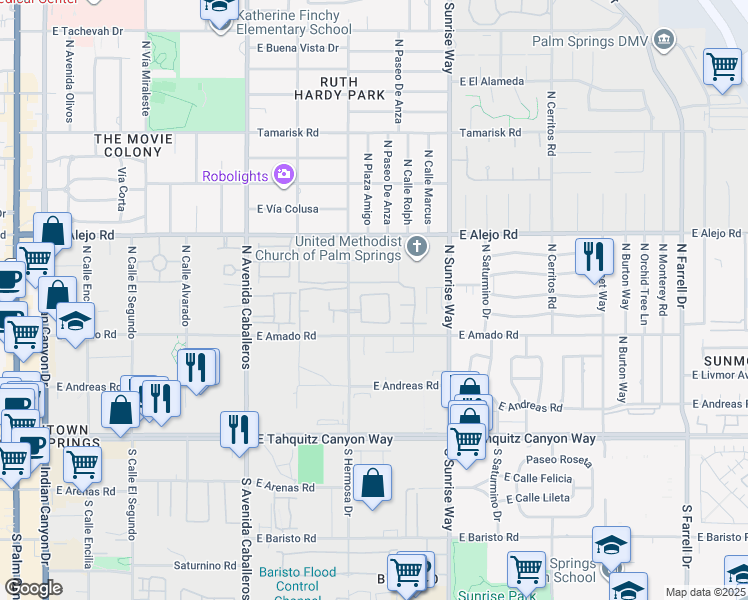 map of restaurants, bars, coffee shops, grocery stores, and more near 1457 Yermo Drive North in Palm Springs