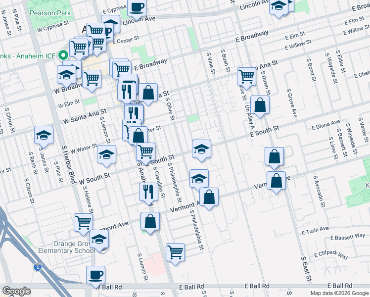 map of restaurants, bars, coffee shops, grocery stores, and more near 760 South Olive Street in Anaheim