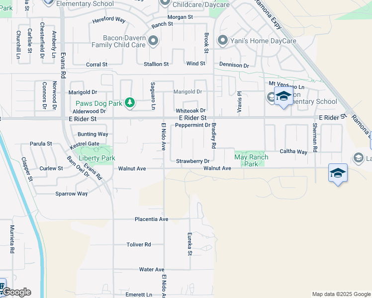 map of restaurants, bars, coffee shops, grocery stores, and more near 3039 Bearberry Court in Perris