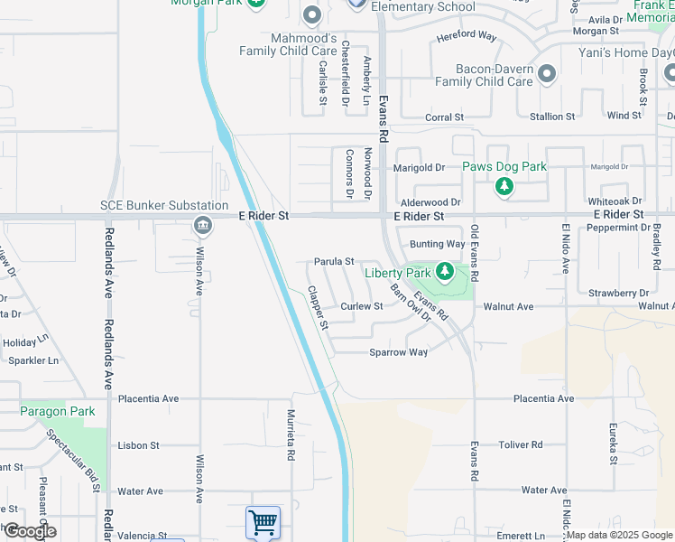 map of restaurants, bars, coffee shops, grocery stores, and more near 3124 Goshawk Way in Perris