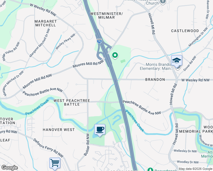 map of restaurants, bars, coffee shops, grocery stores, and more near 1172 West Wesley Road Northwest in Atlanta