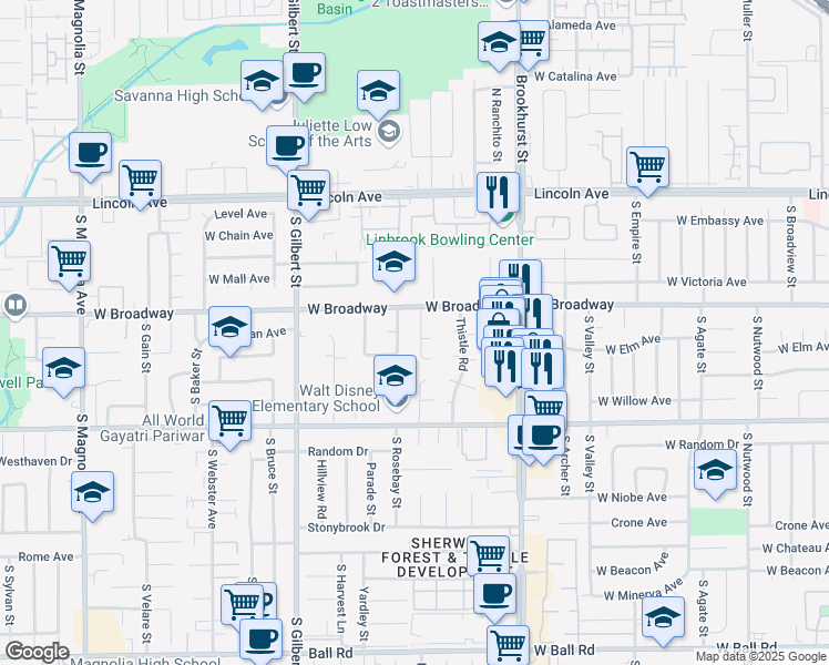 map of restaurants, bars, coffee shops, grocery stores, and more near 9291 Greenwich Lane in Anaheim