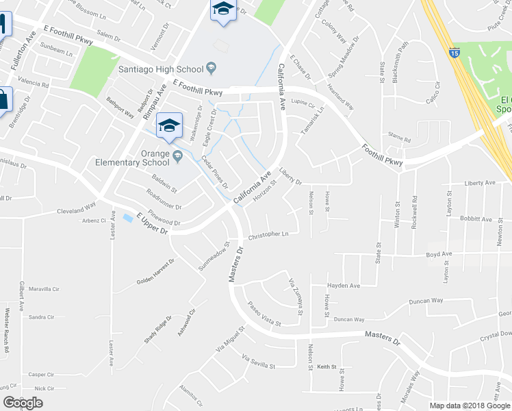 map of restaurants, bars, coffee shops, grocery stores, and more near 3445 Horizon Street in Corona