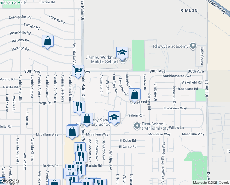 map of restaurants, bars, coffee shops, grocery stores, and more near 30271 San Eljay Avenue in Cathedral City