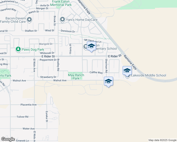 map of restaurants, bars, coffee shops, grocery stores, and more near 3045 Gazania Drive in Perris
