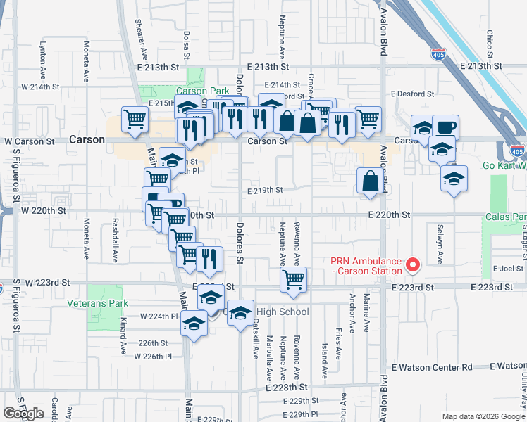 map of restaurants, bars, coffee shops, grocery stores, and more near 339 East 220th Street in Carson
