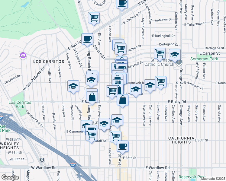 map of restaurants, bars, coffee shops, grocery stores, and more near 3836 Linden Avenue in Long Beach