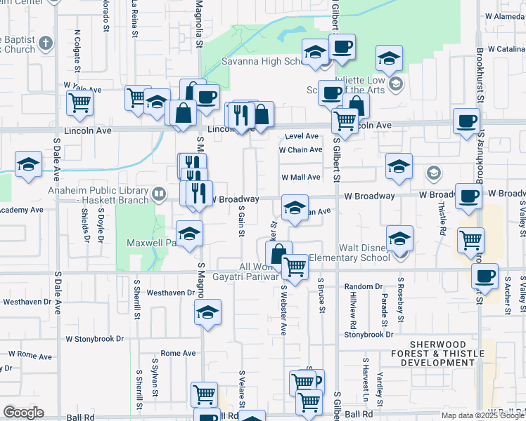 map of restaurants, bars, coffee shops, grocery stores, and more near 316 South Beachy Place in Anaheim